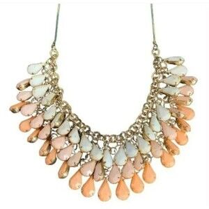 Triple Strand Bib Necklace White Pink Coral Teardrop Beads Tropical Snake Chain